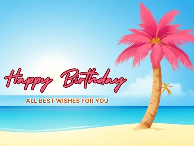 Illustrazione vettoriale di una spiaggia tropicale con palma e testo Happy Birthday