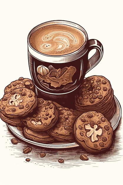 Illustrazione vettoriale disegnata a mano di caffè e biscotti con cioccolata calda