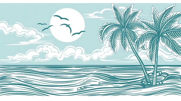 Illustrazione vettoriale in stile retro di una spiaggia tropicale con palme, oceano e sole sullo sfondo