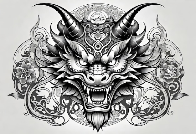 Illustrazione vettoriale Modello asiatico del tatuaggio del drago e della maschera Modelli e ornamenti asiatici disegnati a mano