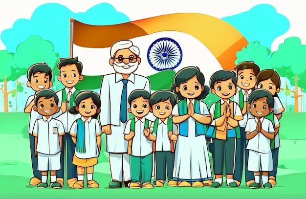 Illustrazione vettoriale piatta creativa di studenti indiani e insegnanti di facoltà in piedi davanti alla bandiera tricolore indiana nella scuola Giorno della Repubblica dell'India Giorno dell'indipendenza dell'India Generativo Ai