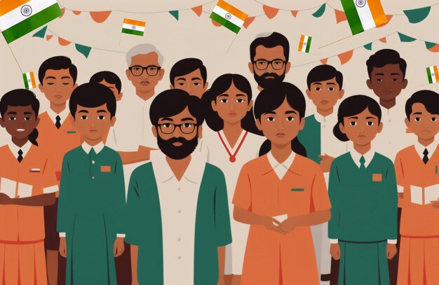 Illustrazione vettoriale piatta creativa di studenti indiani e insegnanti di facoltà in piedi davanti alla bandiera tricolore indiana nella scuola Giorno della Repubblica dell'India Giorno dell'indipendenza dell'India Generativo Ai