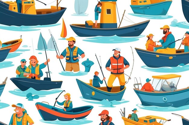 Illustrazione vettoriale piatta dei pescatori Sport attività ricreativa Flotta di pesca Occupazione marittima