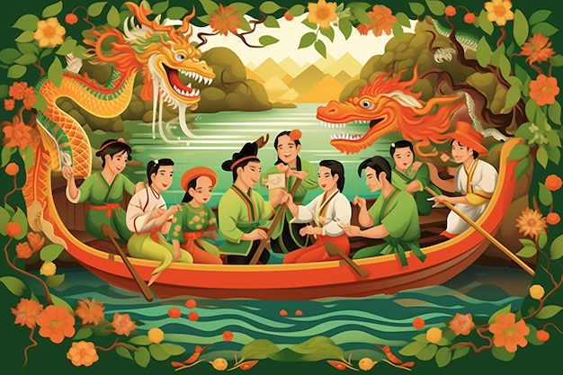 Illustrazione vettoriale piatta dello scambio culturale del Dragon Boat Festival