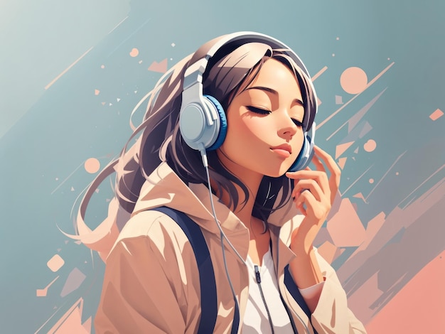 illustrazione vettoriale piatta di una bella ragazza di anime che ascolta musica hip hop lofi con le cuffie