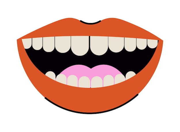Illustrazione vettoriale piatta di una bocca sorridente con denti bianchi e lingua rosa su uno sfondo semplice Adatta per l'uso in siti web e presentazioni