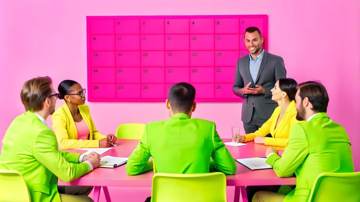 Foto illustrazione vettoriale piatta di una riunione di un team di ufficio candido che discute degli obiettivi del 2025 con calendari show