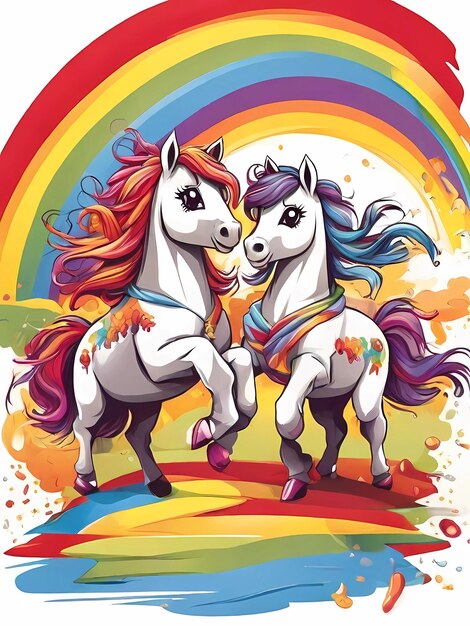 illustrazione vettoriale pony che ballano su un arcobaleno