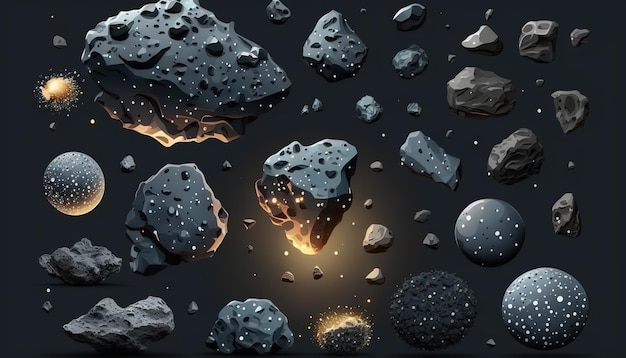 Illustrazione vettoriale realistica della cintura di asteroidi in pietra Una meteora un masso spaziale o una roccia con