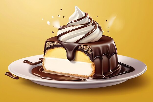 Illustrazione vettoriale realistica isolata di torta di choco con souffle al latte marshmallow ricoperto di cioccolato