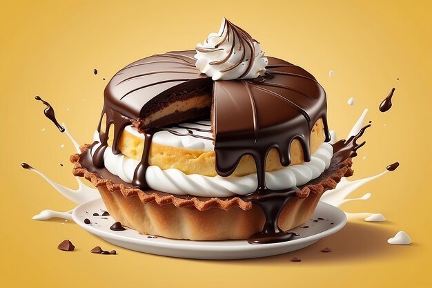 Illustrazione vettoriale realistica isolata di torta di choco con souffle al latte marshmallow ricoperto di cioccolato