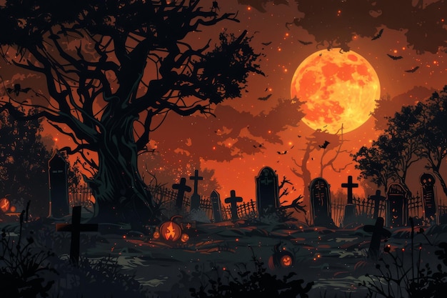Illustrazione vettoriale scena realistica del cimitero di Halloween sfondo inquietante per i disegni