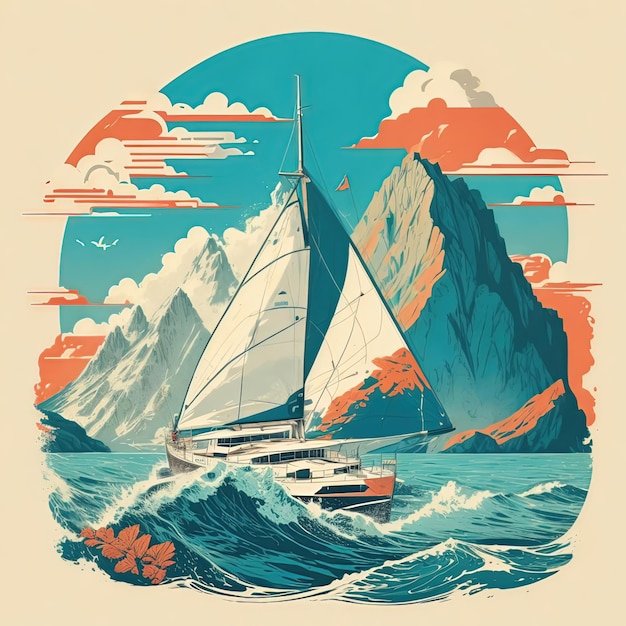 illustrazione vettoriale t-shirt design colorato mare isola montagna