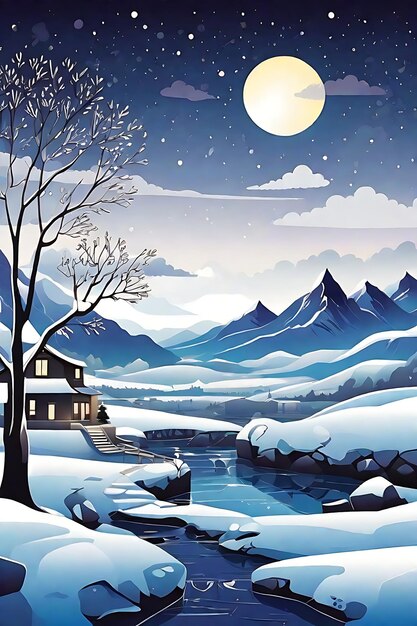 Illustrazione vettoriale Winter Wonderland Notte di luna nella nebbia