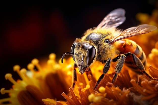 Illustrazione vibrante del generatore AI di un'ape molto realistica alla ricerca del polline