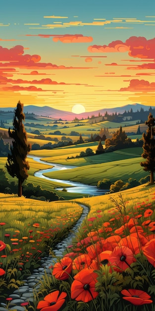 Illustrazione vibrante di un fiume sinuoso in Toscana al tramonto