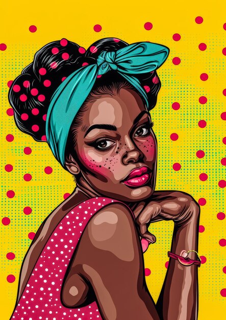 Illustrazione vintage di pop art di una donna afroamericana a colori vivaci con spazio di copia per il testo