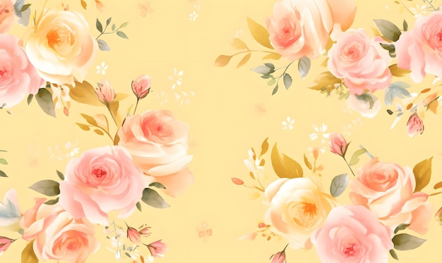 Illustrazione vintage di rose acquerelle rosa su sfondo giallo