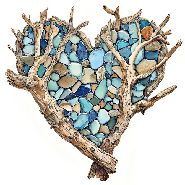 Illustrazione vintage di un cuore di San Valentino formato da legno galleggiante e vetro marino un mosaico costiero baciato dai sussurri salati del mare v 6 Job ID a88ced67d84c46719e7bd7d6ee6d184e