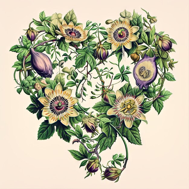 Illustrazione vintage di un cuore di San Valentino scolpito dalle viti intrecciate dei fiori della passione un abbraccio botanico che riecheggia la tenerezza dell'amore v 6 Job ID eff44107aeb146ae82832395e8e055b2