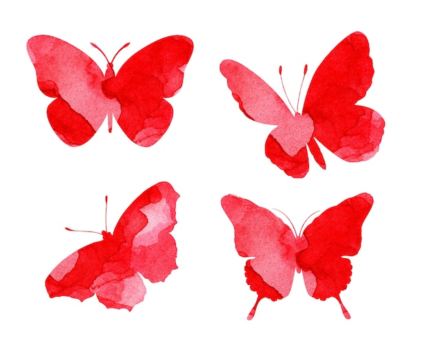 Illustrazioni ad acquerello di bellissime sagome rosse di farfalle. Trappole per insetti. Macchie di acquerello, farfalle. Isolato su bianco. Disegnato a mano.