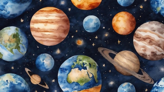 Illustrazioni ad acquerello di corpi celesti modello di pianeta terra blu sfondo ripetitivo senza cuciture