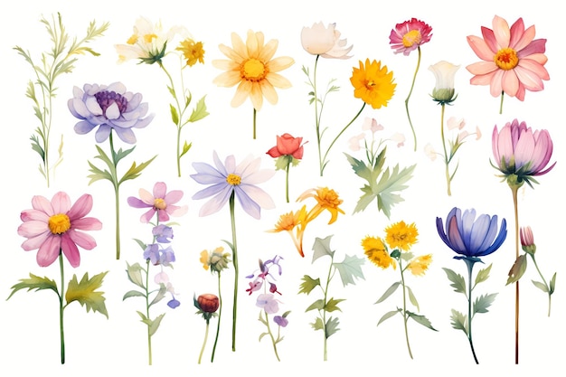 illustrazioni ad acquerello di vari fiori su uno sfondo bianco isolato