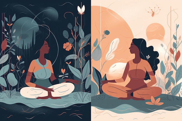 Illustrazioni concettuali che rappresentano la meditazione consapevole e la cura di sé