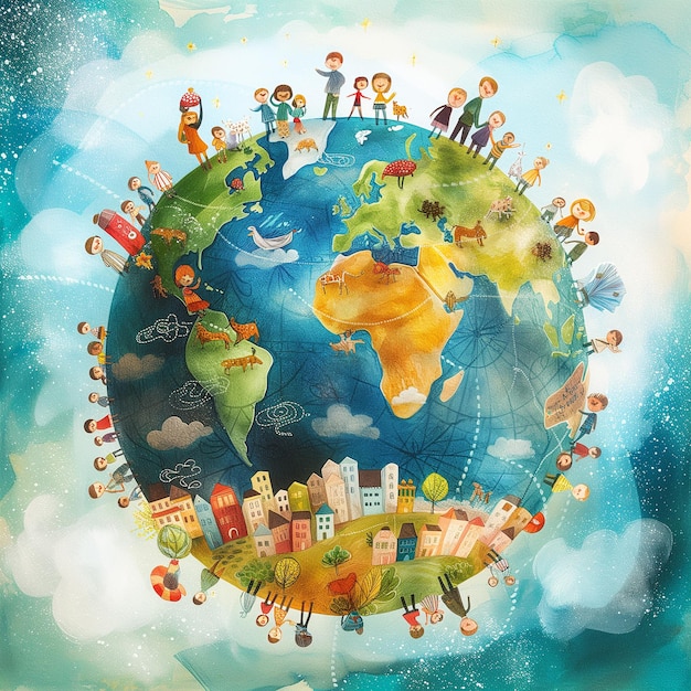 Illustrazioni del globo che evidenziano l'unità mondiale