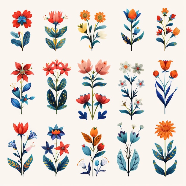 Illustrazioni di arrangiamenti floreali con vari tipi di fiori e modelli di foglie
