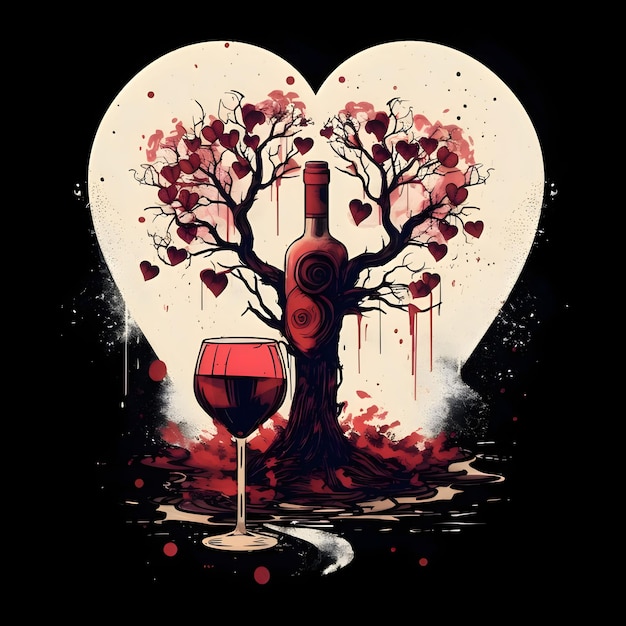 Illustrazioni di cosa liscus bottiglia di vino albero con cuori sullo sfondo di un cuore leggero cuore come simbolo di affetto e amore