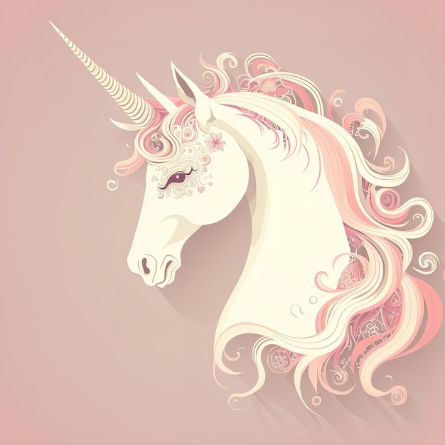 Illustrazioni di disegno digitale di un unicorno in un colore rosa piatto e carino con elementi floreali