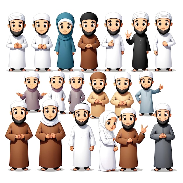 Illustrazioni di personaggi di cartoni animati musulmani con sfondo bianco