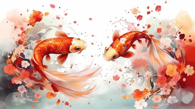 Illustrazioni di pesci koi sullo sfondo di fiori con Ai Generated