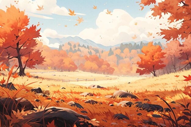 Illustrazioni di scene forestali durante l'inizio dell'autunno autunno paesaggio naturale all'aperto illust