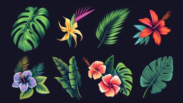 Illustrazioni esotiche moderne elementi floreali isolati bouquet hawaiano per biglietti di auguri matrimoni e carta da parati illustrazioni di fiori tropicali foglie di palma ibisco foglie della giungla uccello di