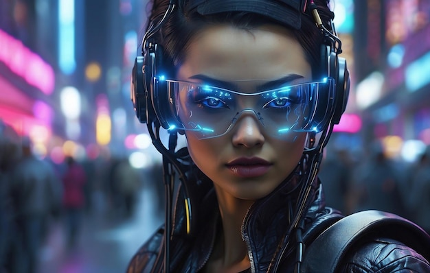 Illustrazioni iperrealistiche Donna sullo sfondo digitale del cyberpunk moderno