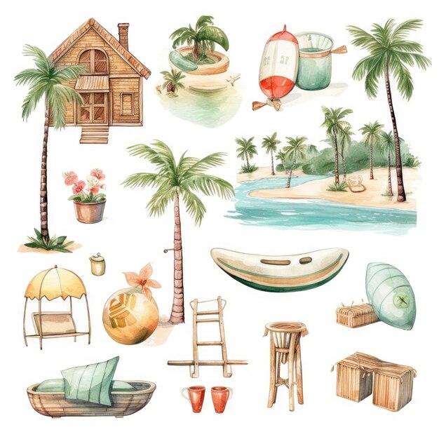 Illustrazioni isolate separatamente di clipart di vacanza di colore tenue dell'acquerello