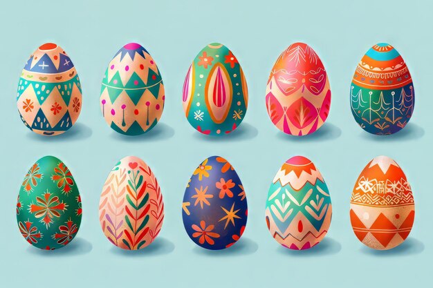 Illustrazioni vivaci di uova di Pasqua decorate con vari modelli e disegni