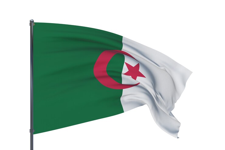 Ilustrasi 3D mengibarkan bendera dunia bendera algeria terisolasi dengan latar belakang putih