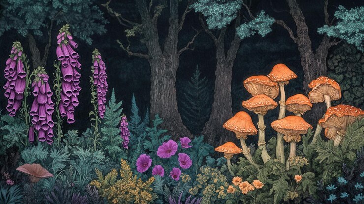 Ilustrasi botani mendetail dengan tanaman dan jamur