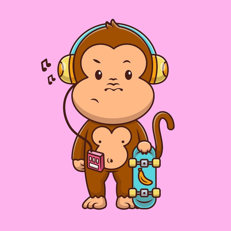 Photo ilustrasi ikon vektor kartun monyet lucu mendengarkan musik dan memegang skateboard