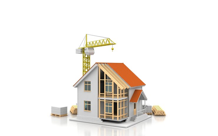 Ilustrasi rendering 3d rumah dengan interior terbuka di atas Cetak biru dokumen derek dan perhitungan hipotek