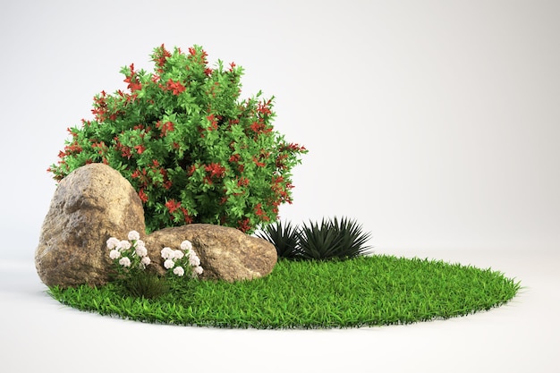 Ilustrasi tanaman dan bunga di taman Gambar render 3D berkualitas tinggi
