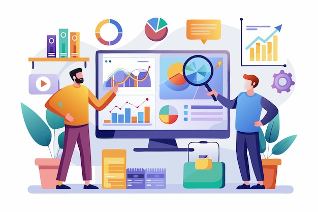 Ilustrasi Tim Profesional Bisnis Menganalisis Data Bisnis pada Beberapa Layar