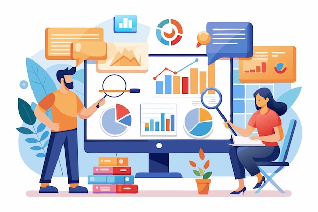 Ilustrasi Tim Profesional Bisnis Menganalisis Data Bisnis pada Beberapa Layar