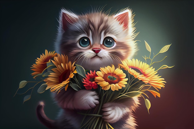Ilustration gatto con occhi tristi e un mazzo di fiori isolato su sfondo scuro generativo ai