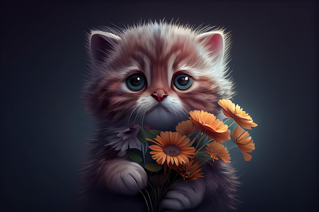 Ilustration gatto con occhi tristi e un mazzo di fiori isolato su sfondo scuro generativo ai