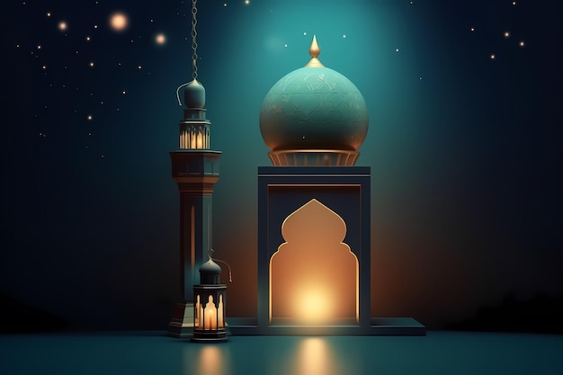 Ilustration lanterna islamica si erge con sfondo ramadan kareem a lume di candela Generato ai