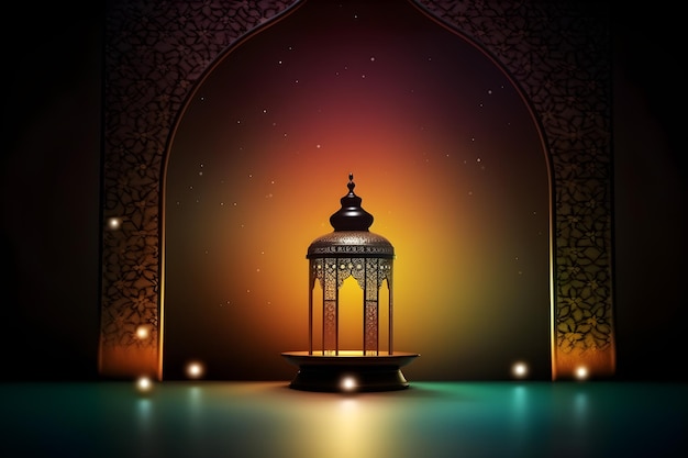 Ilustration lanterna islamica si erge con sfondo ramadan kareem a lume di candela Generato ai